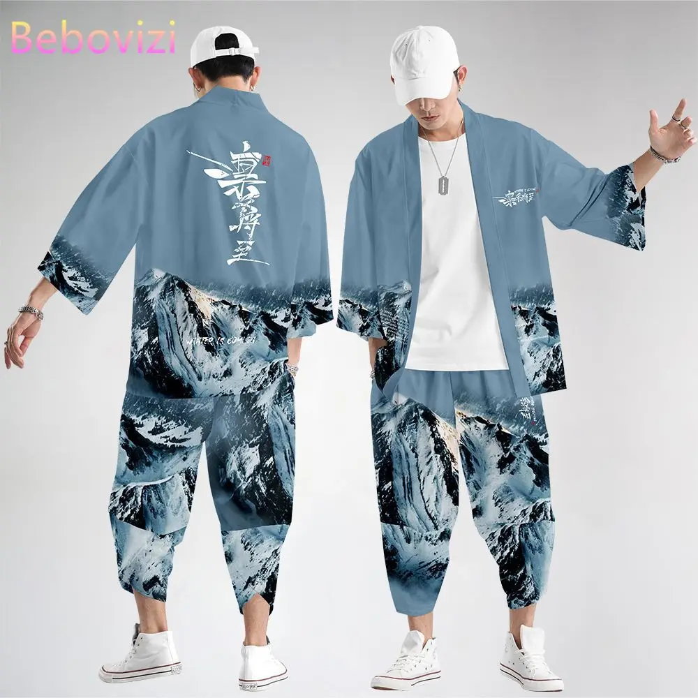 Zila divdaļīgs Kostīms Japāņu Lielgabarīta Jaciņa Sievietēm, Vīriešiem Cosplay Yukata Apģērbu Harajuku Fashion Kimono + Bikses Komplektus Attēls 0