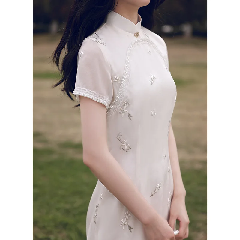 Vasaras Cheongsam Jauna Meitene Ķīniešu Stils Qipao Retro Kleita Vidēji Garu, Baltu Saldu Dienas Puse Kleita 2022 Attēls 1